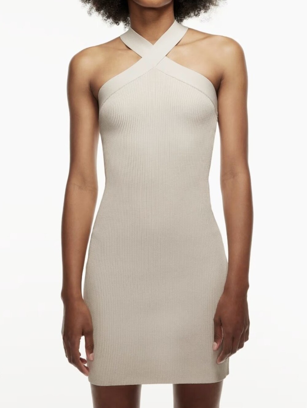 Aritzia Babaton Sculpt Knit Criss Cross Ribbed Halter Dress Matte Pearl Beige L